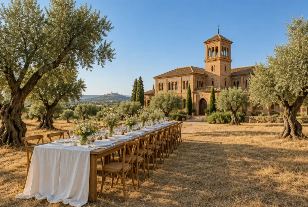 Mesa de banquete entre olivos para una boda en el campo en Toledo