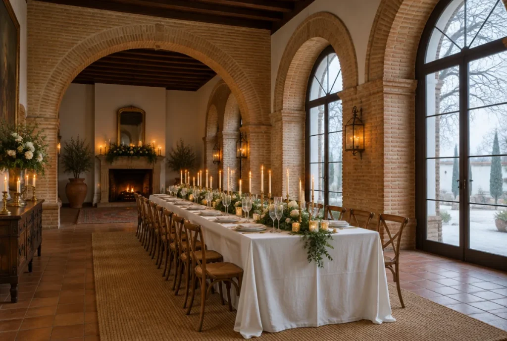 Salón de una hacienda con arcos de ladrillo y velas preparado para una boda en invierno