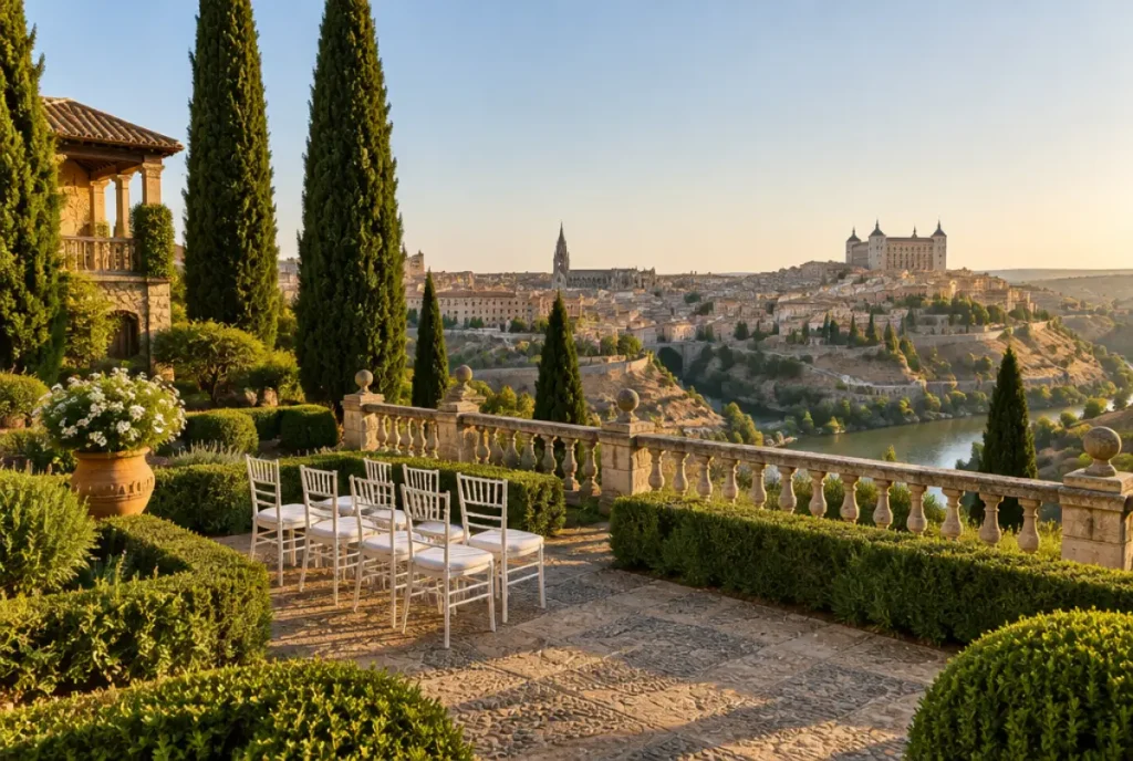Terraza de un cigarral con cipreses y vistas a Toledo preparada para una ceremonia