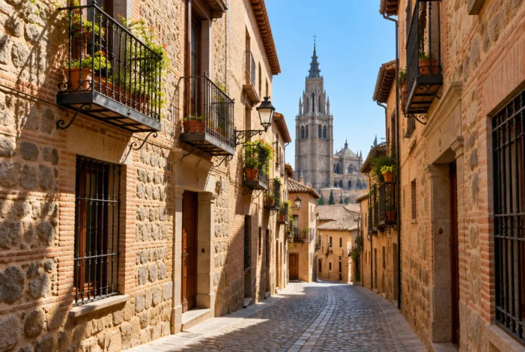 Calle empedrada del casco histórico de Toledo con la torre de la Catedral al fondo