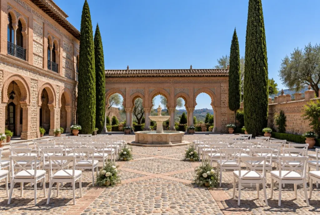 Patio de una hacienda neomudéjar preparado para una ceremonia de boda en Toledo
