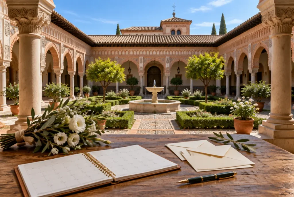 Agenda, invitaciones y ramo de olivo sobre una mesa en el claustro de una hacienda