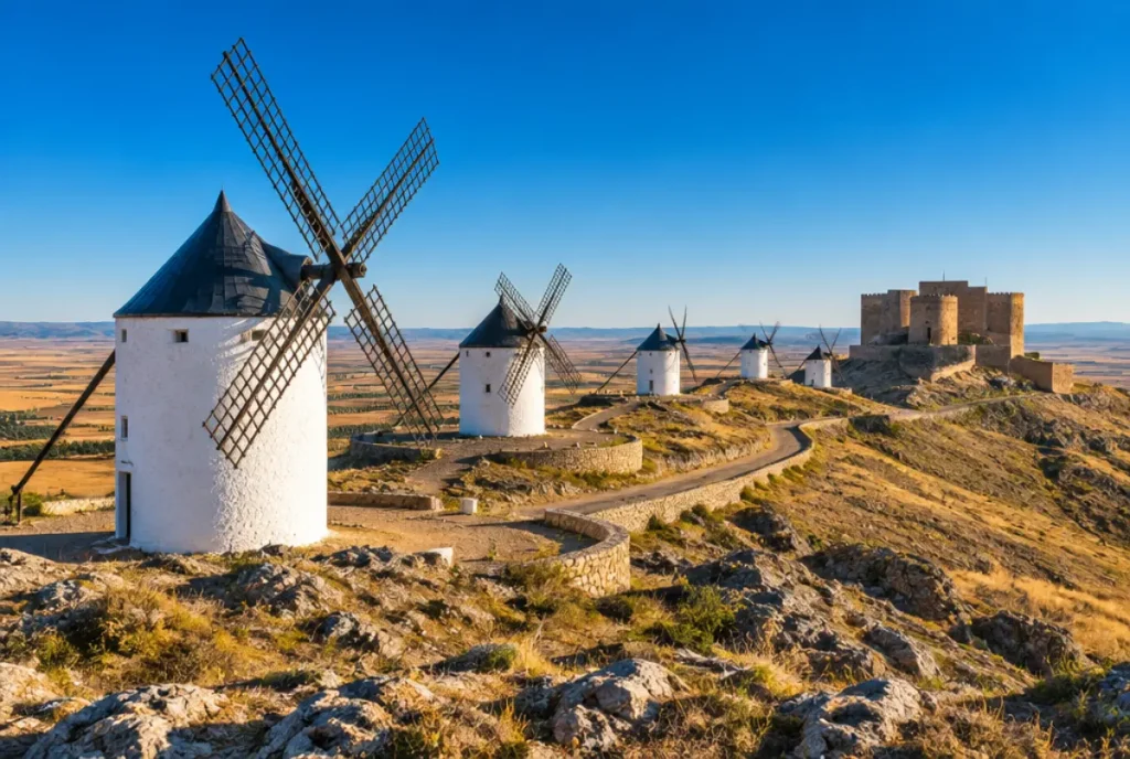Molinos de viento de Consuegra con el castillo al fondo