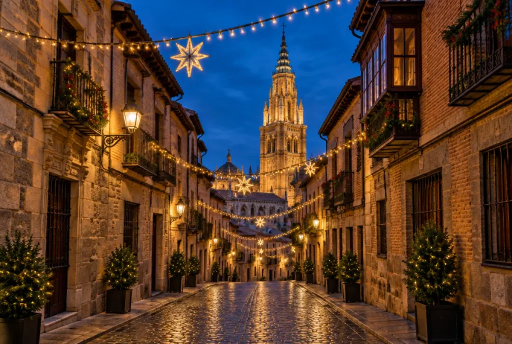 Calle de Toledo iluminada en Navidad con la torre de la Catedral al fondo