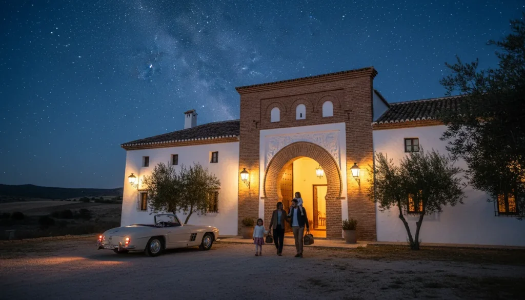 El Sueño de Toledo: familia llegando de noche a una hacienda iluminada entre olivares cerca de Puy du Fou